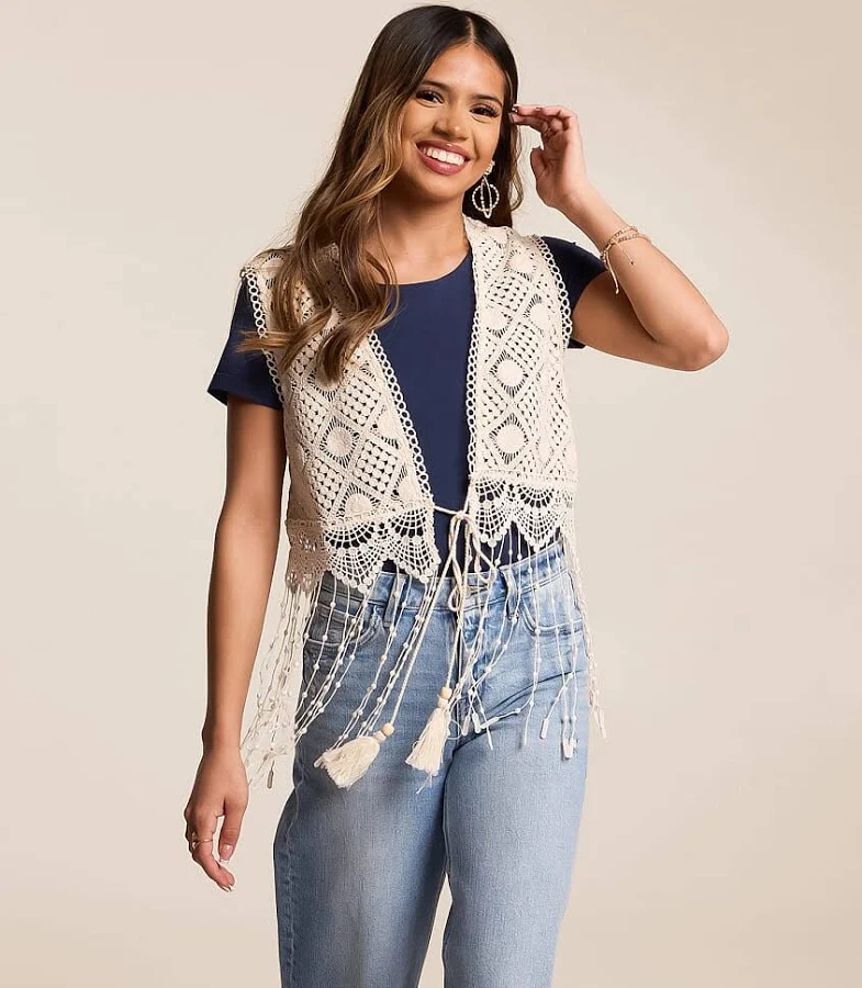 outerwear Miss Me Women's Cotton Crochet Fringe Vest Buckle $64