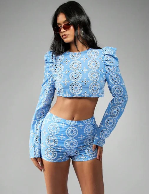 matching set Missguided Floral Eyelet Crop Top and High Waisted Shorts Set missguided $13.36