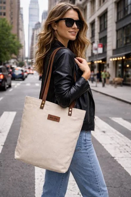 bag Natural Canvas Tote Bag with Genuine Leather Handles - MADE IN USA Etsy - Seller $42