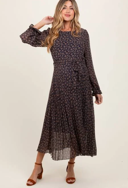 dress Navy Blue Floral Front Tie Pleated Maternity Midi Dress PinkBlush Maternity $74