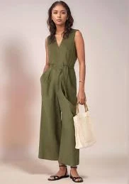 jumpsuit Olive Linen Jumpsuit Women – Sleeveless V-Neck Wide Leg Romper, Minimalist Summer Outfit with Pockets Etsy $149