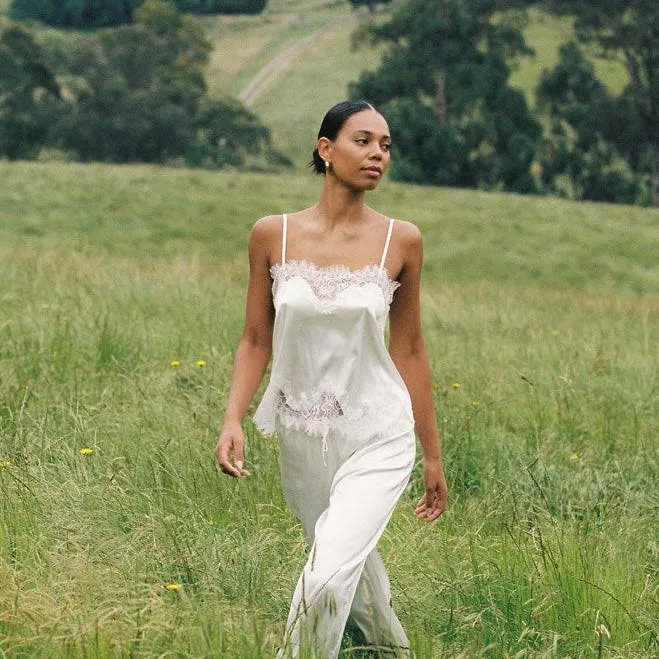 top Olivia Satin Camisole with Lace Trim Kat The Label US $79