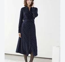 dress & Other Stories Navy White Polka Dot MIDI Shirt Dress Women's 10 Button Front eBay $29