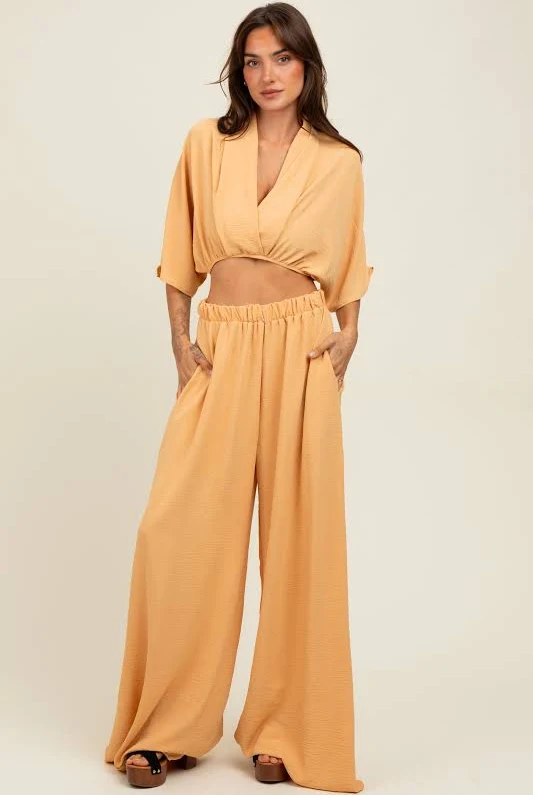 matching set Peach Crop Blouse Wide Leg Pant Set PinkBlush Maternity $51