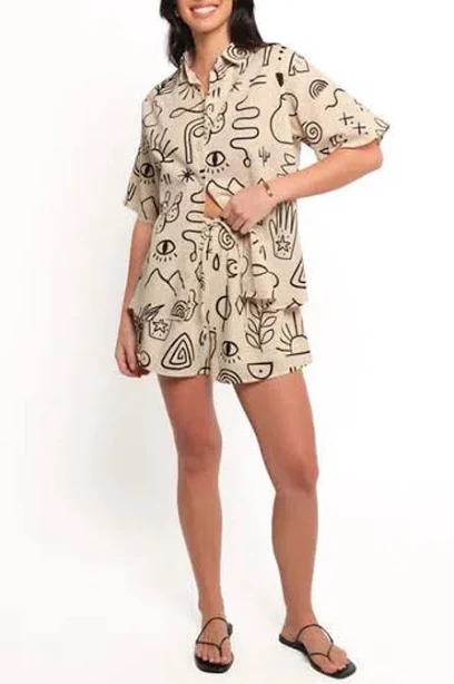 two piece set Petal & Pup Isabella Mixed Print Button-up Shirt & Drawstring Shorts Set In Multi ModeSens $57