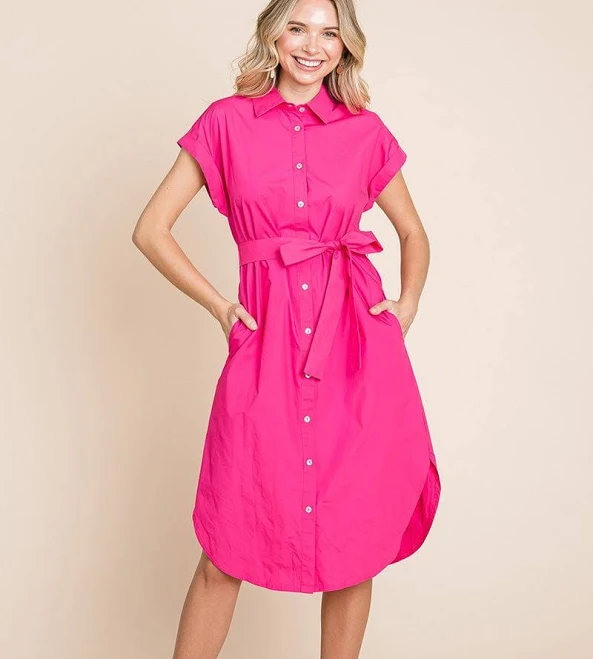 midi dress Poplin Button Up Tie Waist Shirt Dress with Pocketed rolypolyapparel.com $69