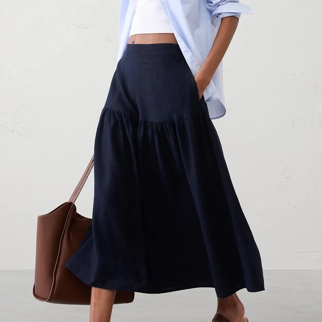 skirt Preppy Linen-Blend Tiered Midi Skirt Banana Republic Factory $60