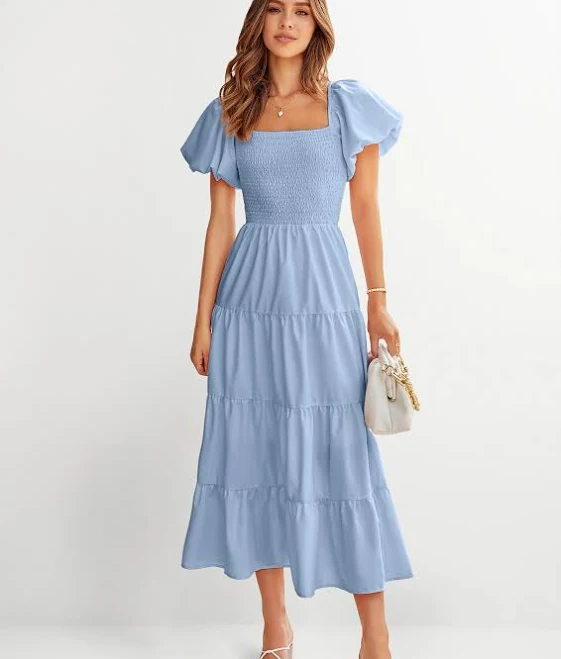 dress Prettygarden Women's Puffy Short Sleeve Square Neck Smocked Tiered Ruffle Dress PrettyGarden $49.99