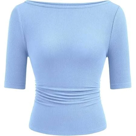 top Prettygarden Women's Ribbed Knit Slim Fit Boat Neck Short Sleeve Top Walmart - PrettyGarden $14.99