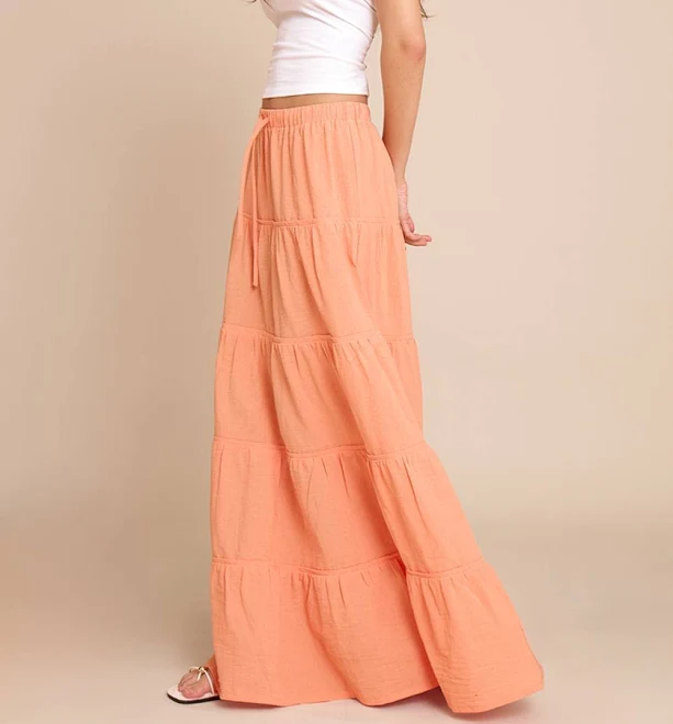 maxi skirt PrettyLittleThing Women's Cotton Tiered Drawstring Waist Maxi Skirt in Peach | Size: 12 Nasty Gal - US $37