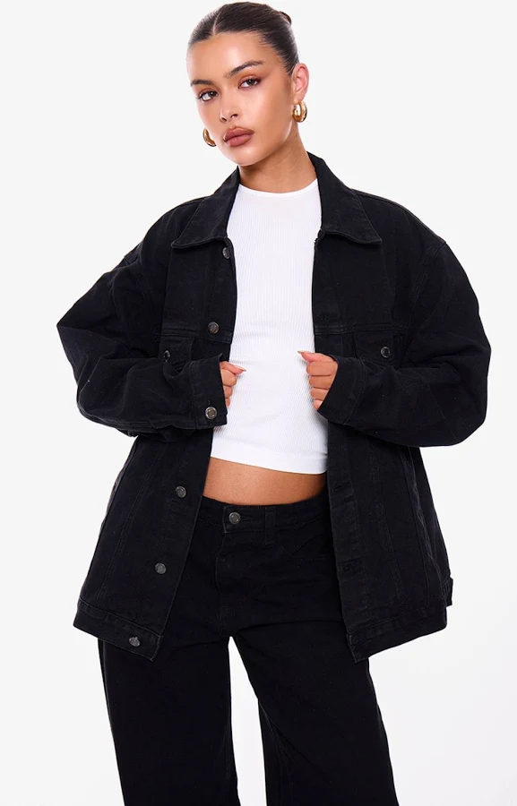 outerwear PrettyLittleThing Women's Oversized Boyfriend Denim Jacket in Washed Black | Size: 0 Nasty Gal - US $35.5