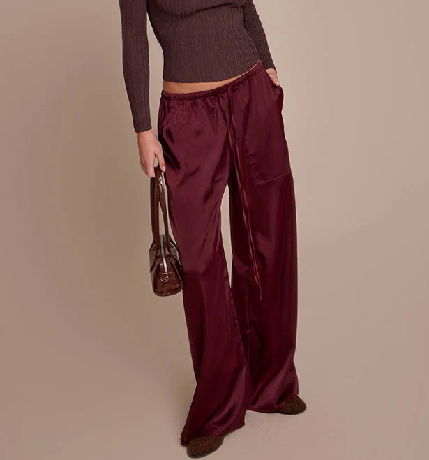 trousers PrettyLittleThing Women's Satin Low Rise Wide Leg Drawstring Trousers in Burgundy | Size: 12 Nasty Gal - US $25.5