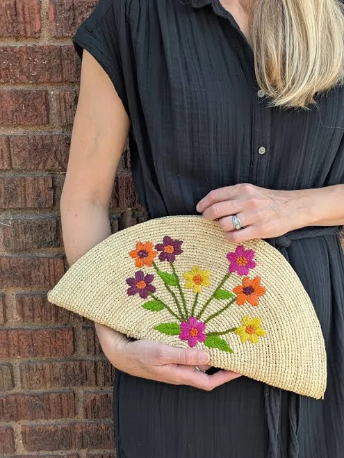 bag Raffia Clutch Bag with Colorful Embroidered Flowers Curiosity $90
