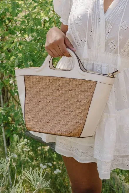 bag Raffia Ivory Vegan Leather Top Handle Bag TINK and POSH $140