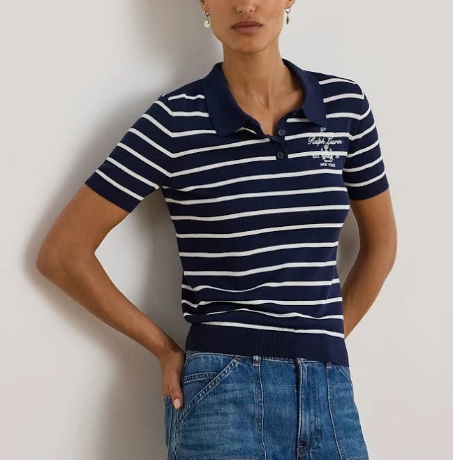 top Ralph Lauren Petite Striped Short-Sleeve Polo Sweater Macy's $87