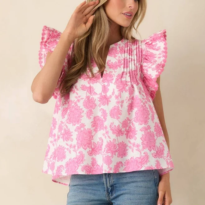 top Red Dress Women's Floral Cotton Linen Top Shirt Red Dress $78