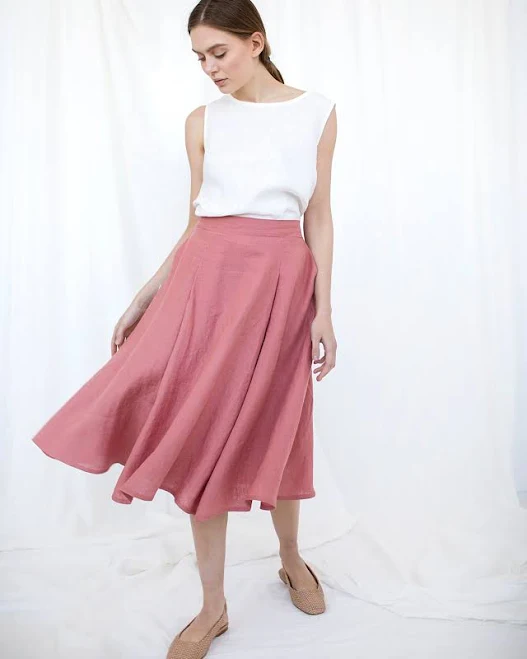 skirt Retro Pleated Linen Midi Skirt with Pockets Etsy - Glowinslow $101.54