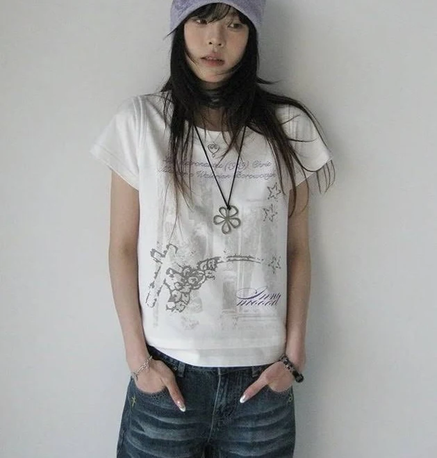 top Retro Round Neck Short Sleeve Graffiti Print T-Shirt DevilInspired $49