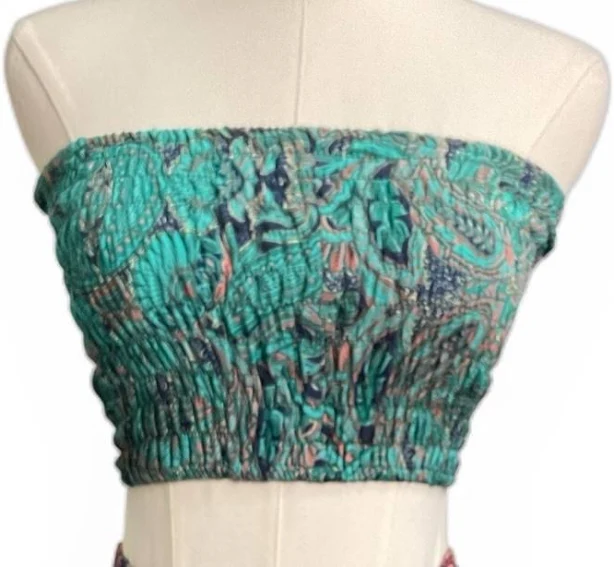 tube top Rhea Turquoise Paisley Smocked Tube Top One Size Silk Blend Boho eBay $16.95