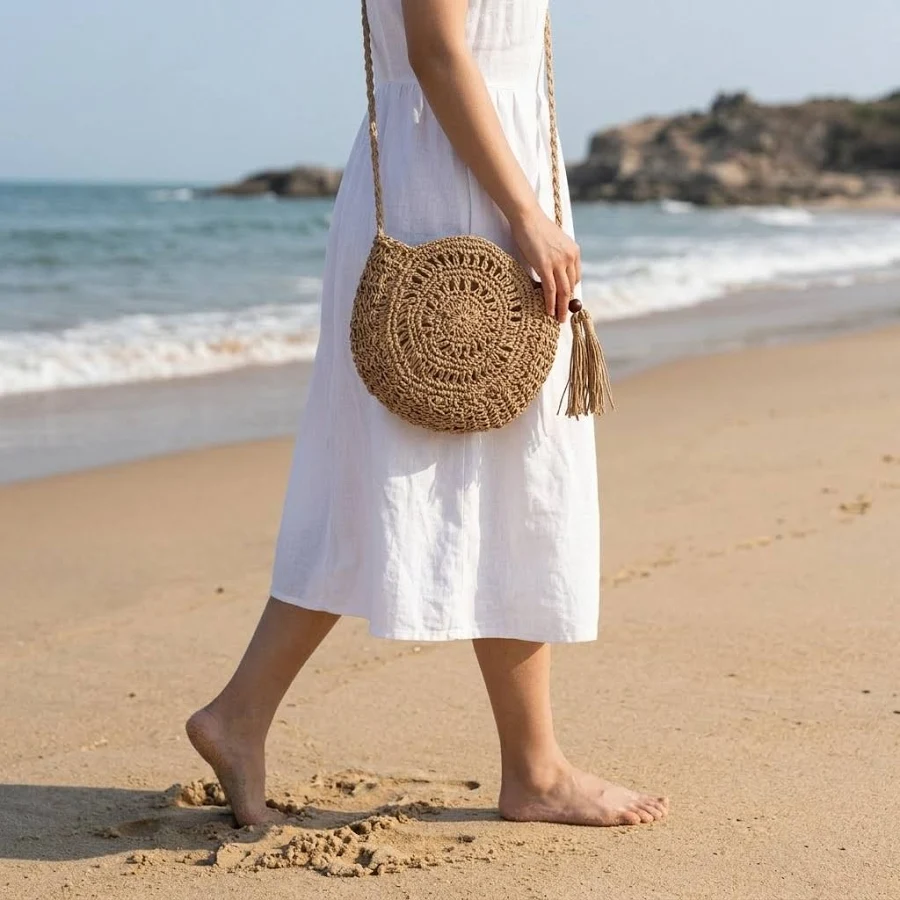 bag Round Woven Straw Crossbody Bag With Tassel, Handmade Paper Rope eBay $9.73