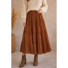 skirt Rust Brown Tiered Midi Skirt Flowy Boho Elastic Waist Minimalist Earthy eBay $25