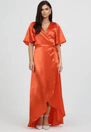 dress S Size Orange Wrap Satin Dress With Flutter Sleeves (Ready to Ship) Désir Couture $87.92