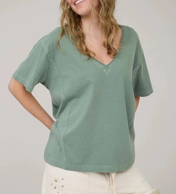 top Sage Washed Raw Edge V Neck Short Sleeve Knit Top Simplicity $29.99
