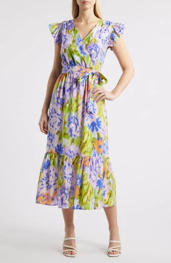 dress Sam Edelman Women's Print Wrap Front Flutter Sleeve Midi Dress Nordstrom Rack $69.97