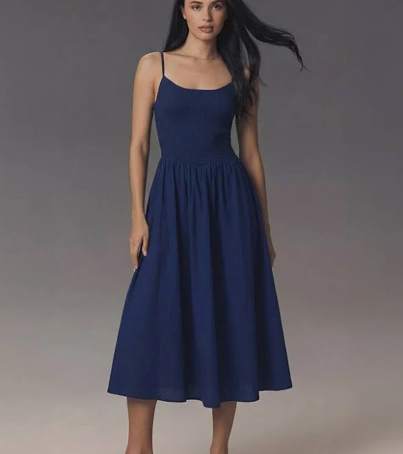 sundress Sleeveless Smocked Bodice Cotton Poplin Midi Sun Dress New York & Company $34.99