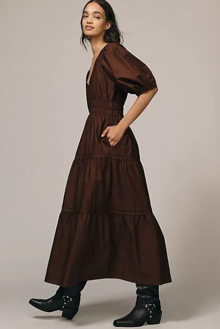 dress Smocked V-Neck Half-Sleeve Tiered Midi Dress by Maeve in Brown, Size: XS Petite at Anthropologie Anthropologie $168