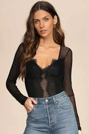 top Stay Sultry Black Mesh Lace Long Sleeve Bodysuit lulus.com $45