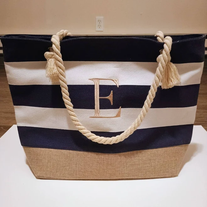 bag Striped Tote Bag With Rope Handles, Zipper Closure, Navy & White eBay $9.99