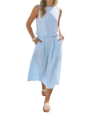 matching set Striped Two-Piece Set Sleeveless Crop Top & High-Waisted Midi Skirt with Side Pockets – Flowy & Versatile Target $53.99