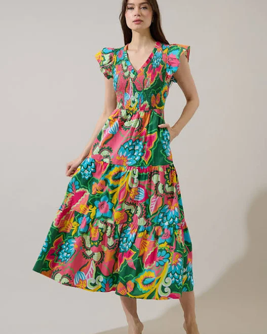 dress Sugarlips Lanai Multi Tropics Sunfire Smocked Bodice Tiered Midi Dress Sugarlips $105