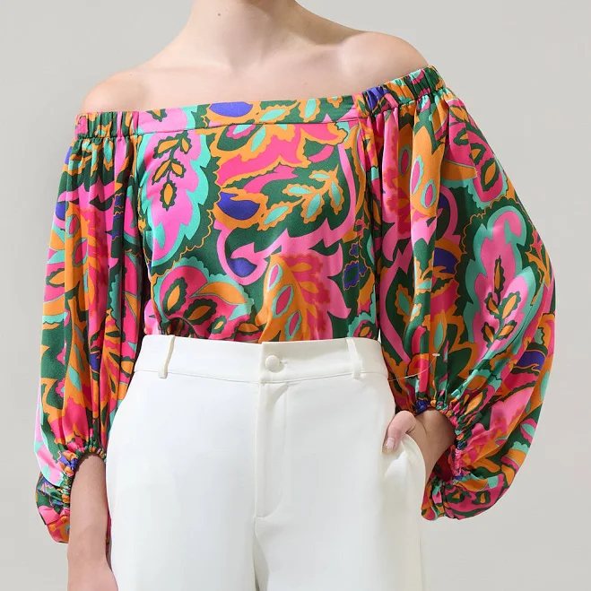 top Sugarlips Off-The-Shoulder Tropical Print Satin Blouse with Balloon Sleeves Sugarlips $60