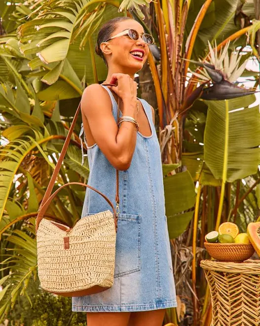 bag Sunny Bliss Vegan Leather Straw Bucket Bag VICI $58.5