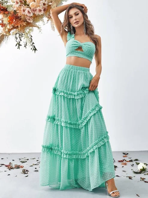 two piece set Swiss Dot One Shoulder Crop Top and Tiered Maxi Skirt Two Piece Chiffon Set Faeriesty.com $120