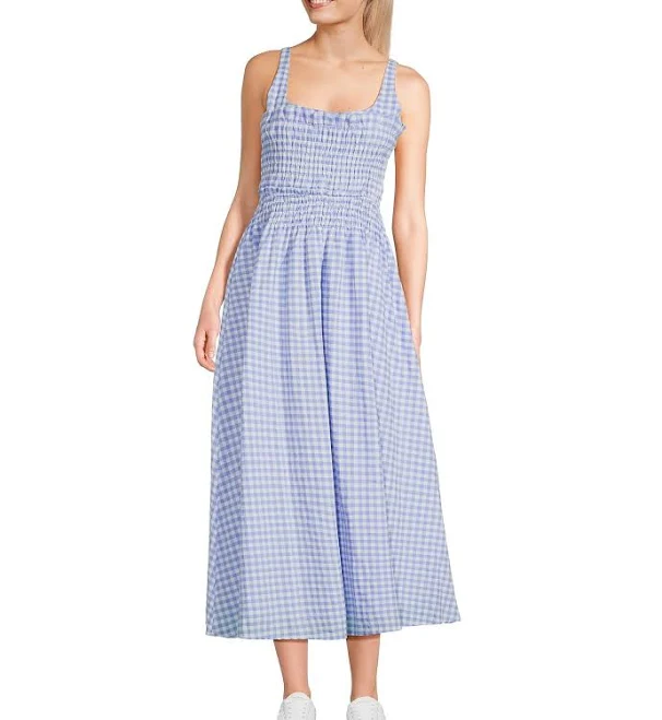 dress Tcec Women's Gingham Square Neck Smocked Bodice Midi Dress Dillard's $99
