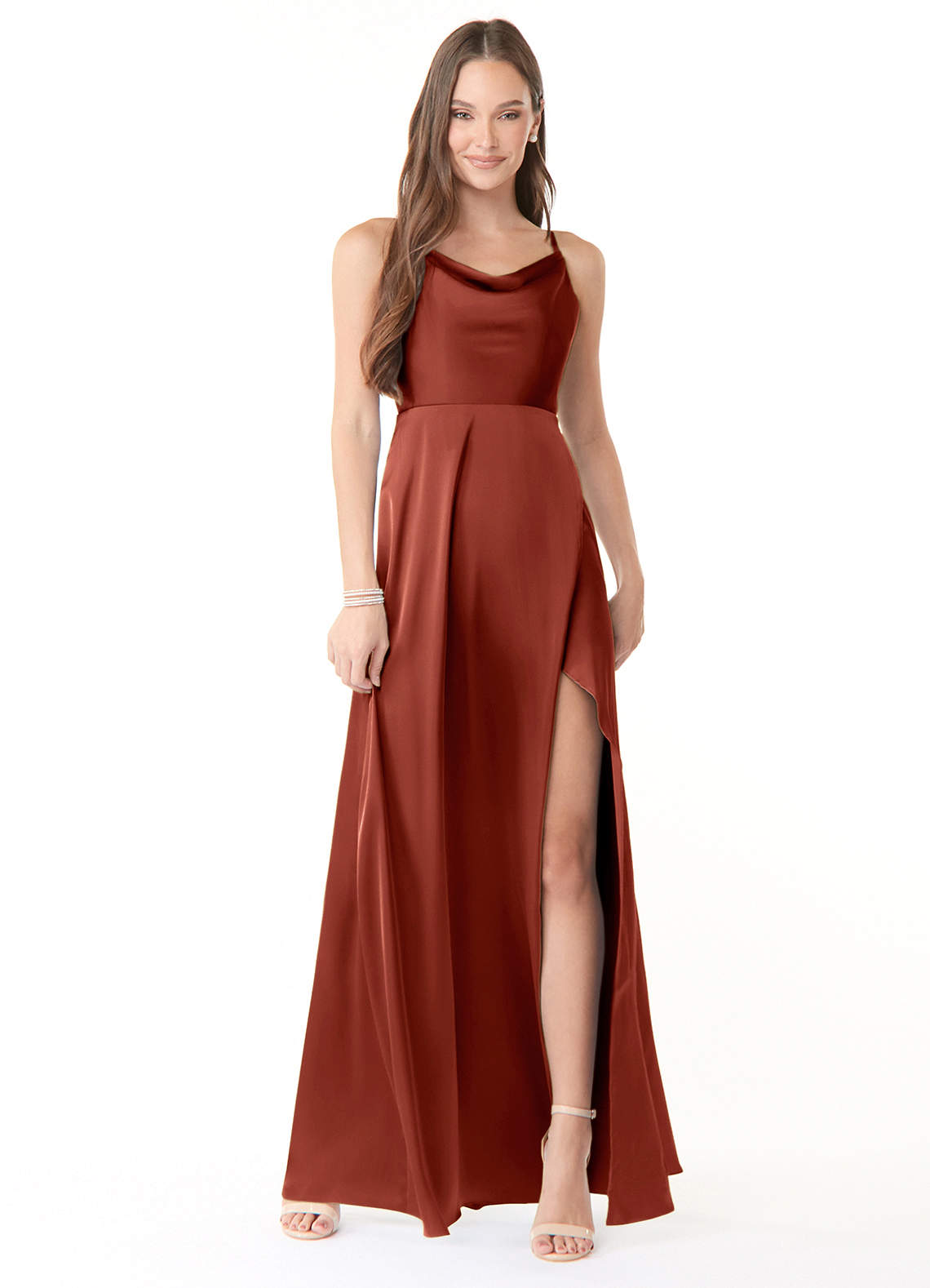 dress Terracotta A-Line Cowl Neckline Side Slit Stretch Satin Dress Azazie.com $29