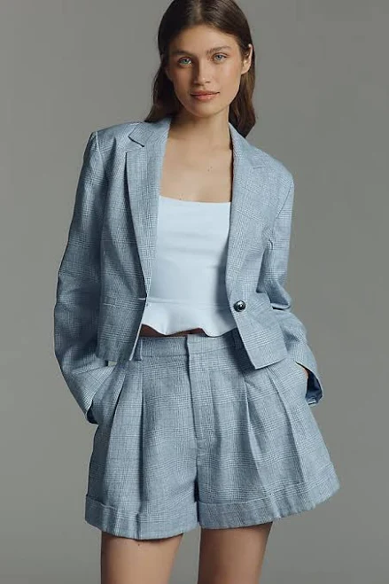 shorts The Avery Linen Cotton Pleated Trouser Shorts by Maeve in Blue, Size: Large at Anthropologie Anthropologie $118