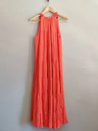 midi dress Tiered Halter Ruffle Maxi Dress Flowy Womens Size M Rayon Pockets Orange Coral eBay $22.99