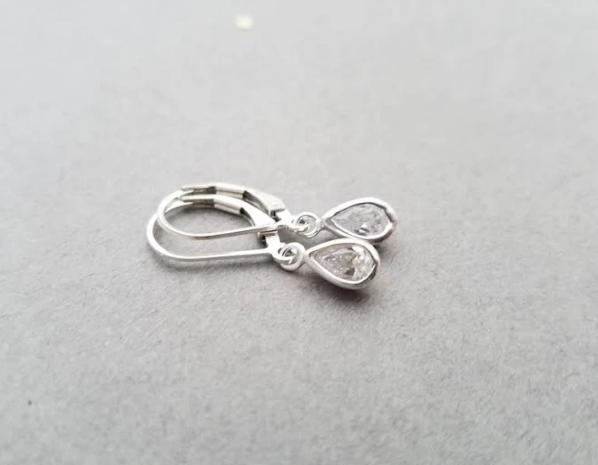 accessory Tiny Sterling Silver Teardrop CZ Crystal Leverback Earrings Etsy - IDreamofJewelry $28.8