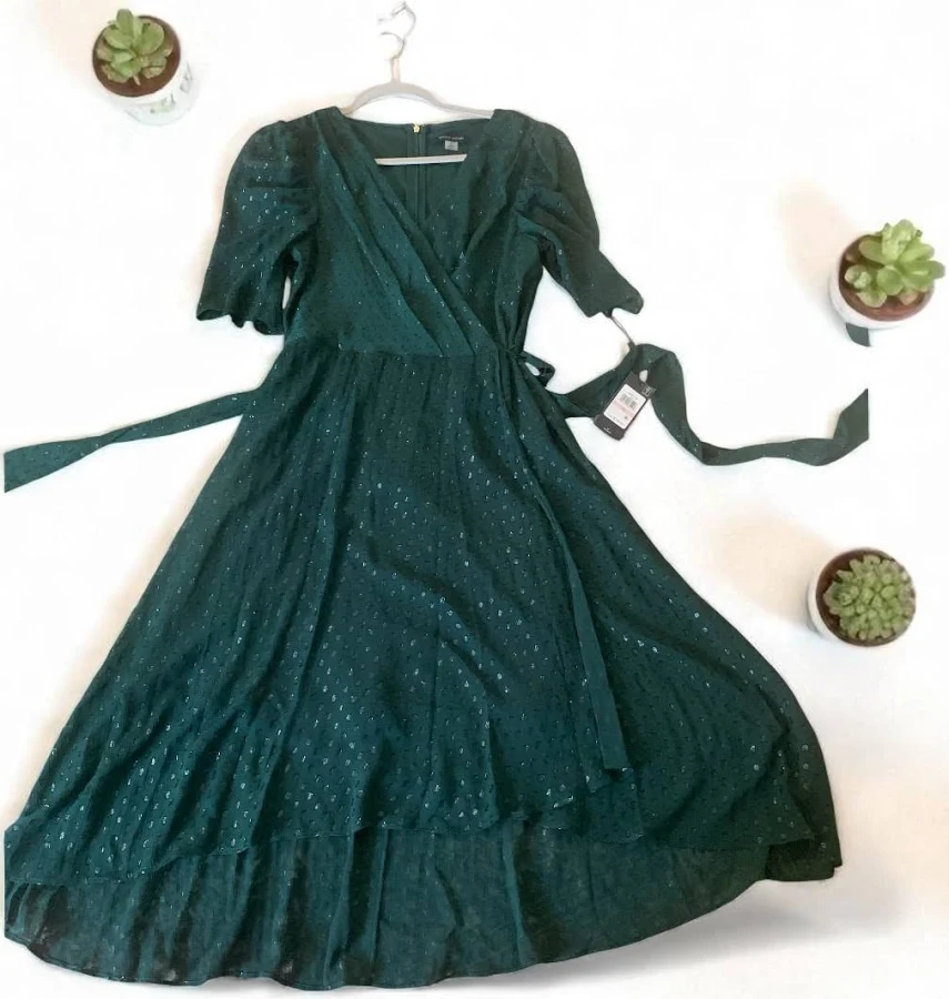 dress Tommy Hilfiger Emerald Green Wrap Midi Dress – Puff Sleeve, Size M, eBay $49