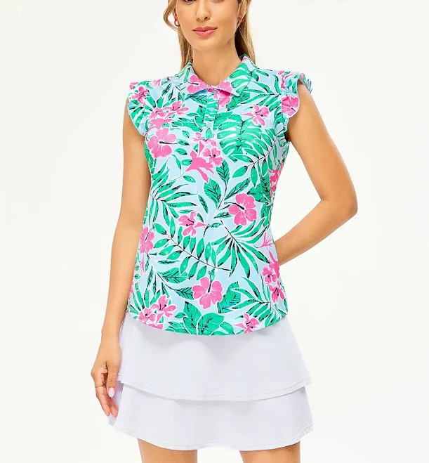 sleeveless top Tropical Flower Button-Placket Ruffled Polo Top Soneven Golf Apparel $45.99