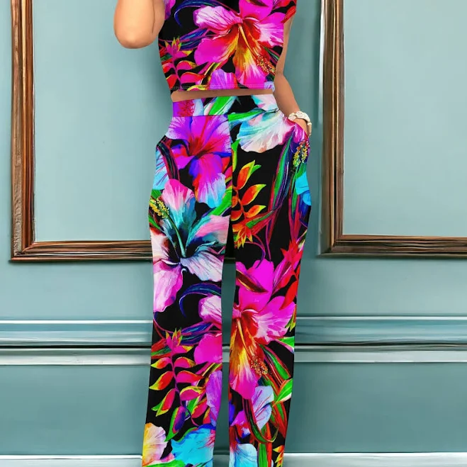 matching set Tropical Hibiscus Floral Print Cap Sleeve Crop Top & Wide Leg Pants Temu $20.18
