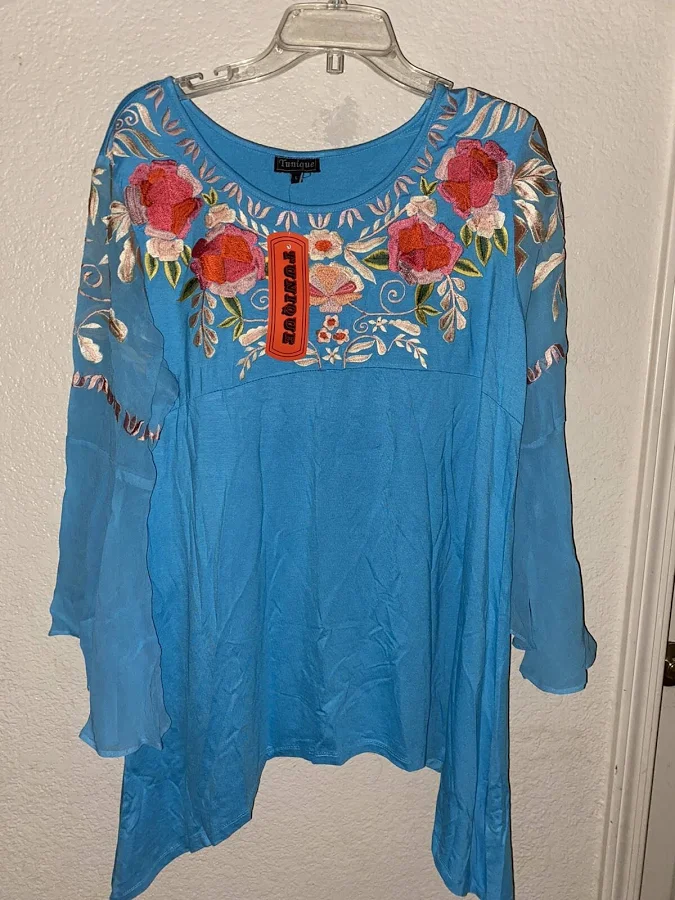 outerwear Tunique Turquoise Western Embroidered Floral Sheer Flare Sleeves Tunic eBay - mommy2raggedyann $29.99