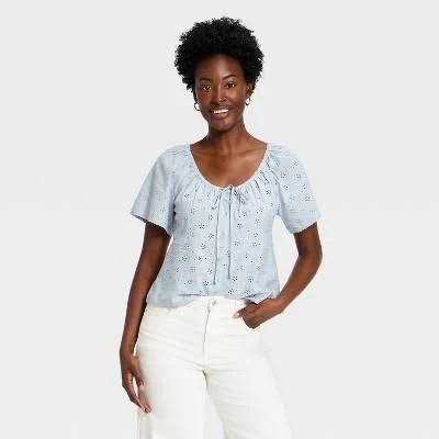blouses Universal Thread Women's Eyelet Scoop Neck Short Sleeve Blouse Target $25