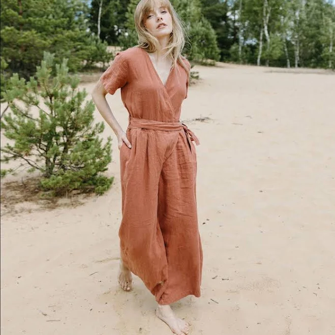 jumpsuit V-Neck Short Sleeve Wrap Culottes Leg Linen Jumpsuit Etsy - Seller $175.62