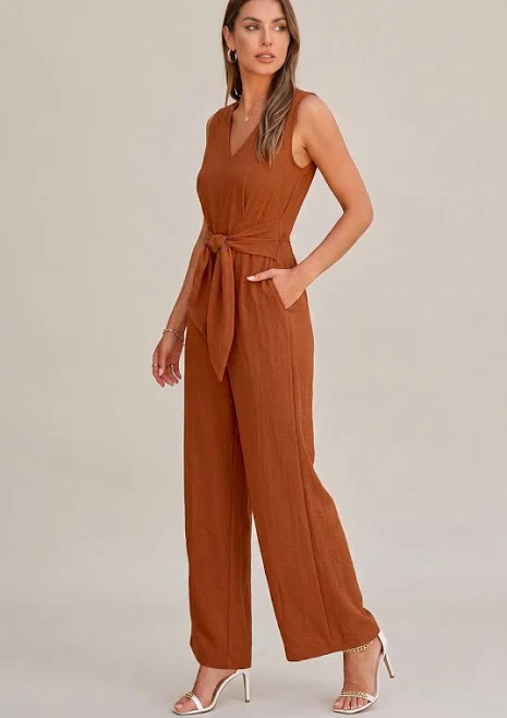 jumpsuit V-Neck Sleeveless Lace-Up Pocketed Wide Leg Jumpsuit Luna Body Co $48