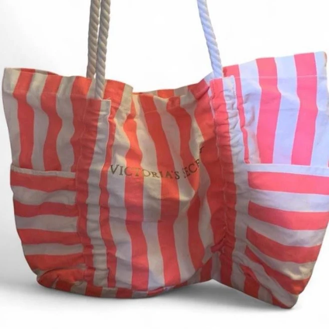 bag Victoria's Secret Striped Canvas Beach Tote Bag Coral And White eBay $30